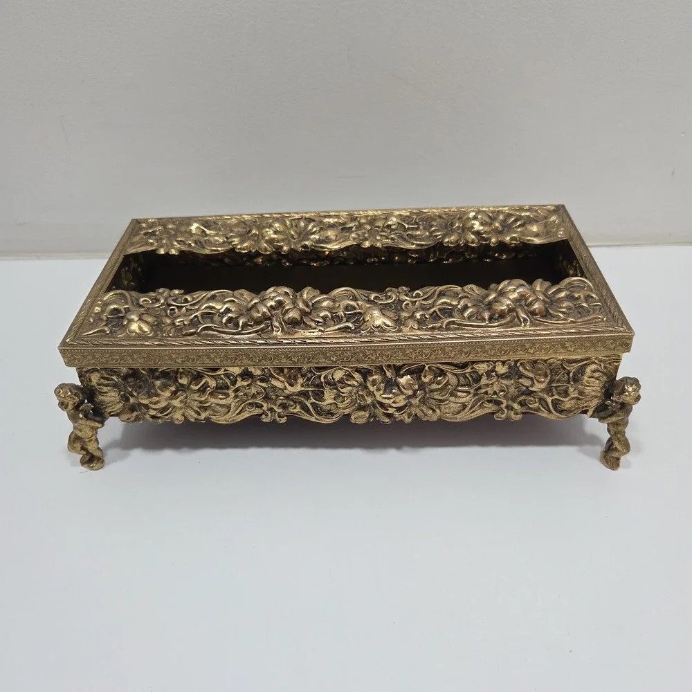 Vintage Cherub Angel Footed Tissue Box Vanity Gold Tone Ormolu